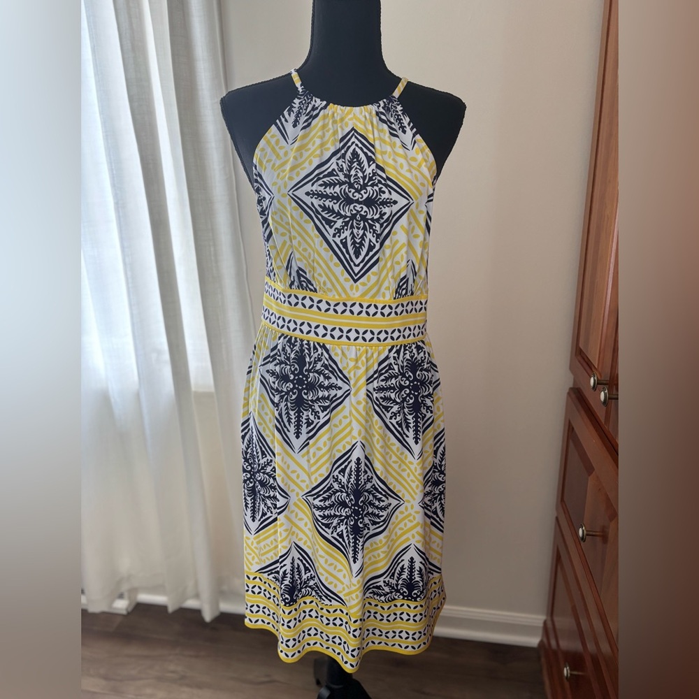London Times Yellow and Blue Geometric Midi Dress